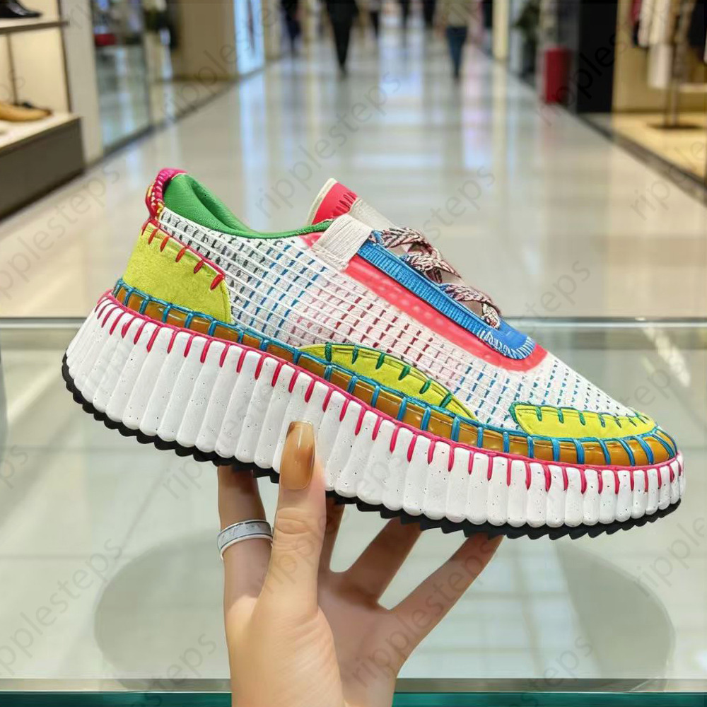 Designer Platform Sneakers Women Hand Stitched Chunky Wedge Sneakers Mesh Leather Casual Lace Up Shoes Streetwear Comfortable Fashion Trainers