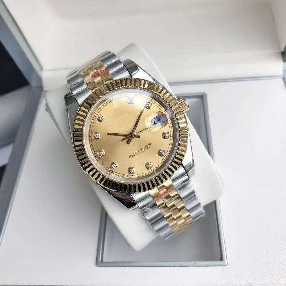 Luxury Men Automatic Mechanical Watch - 41mm Two-Tone Gold & Stainless Steel Wristwatch with Diamond-Accent Dial, Date Display & Fluted Bezel, Waterpr