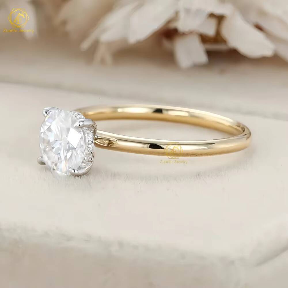 Custom Fine Jewelry Wedding Ring 1ct 15ct 2ct 10k 14k 18k Solid Gold Round Cut Solitaire Diamond Hidden Halo Moissanite Ring