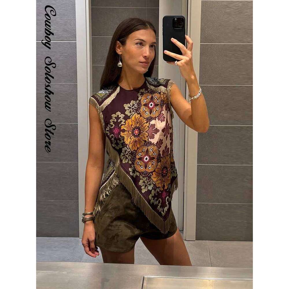 Vintage Tassel Printed Irregular Women Sleeveless Round Neck Patchwork Tops Lady New Casual Daily Fashion Summer Clothes MAKOUFEI