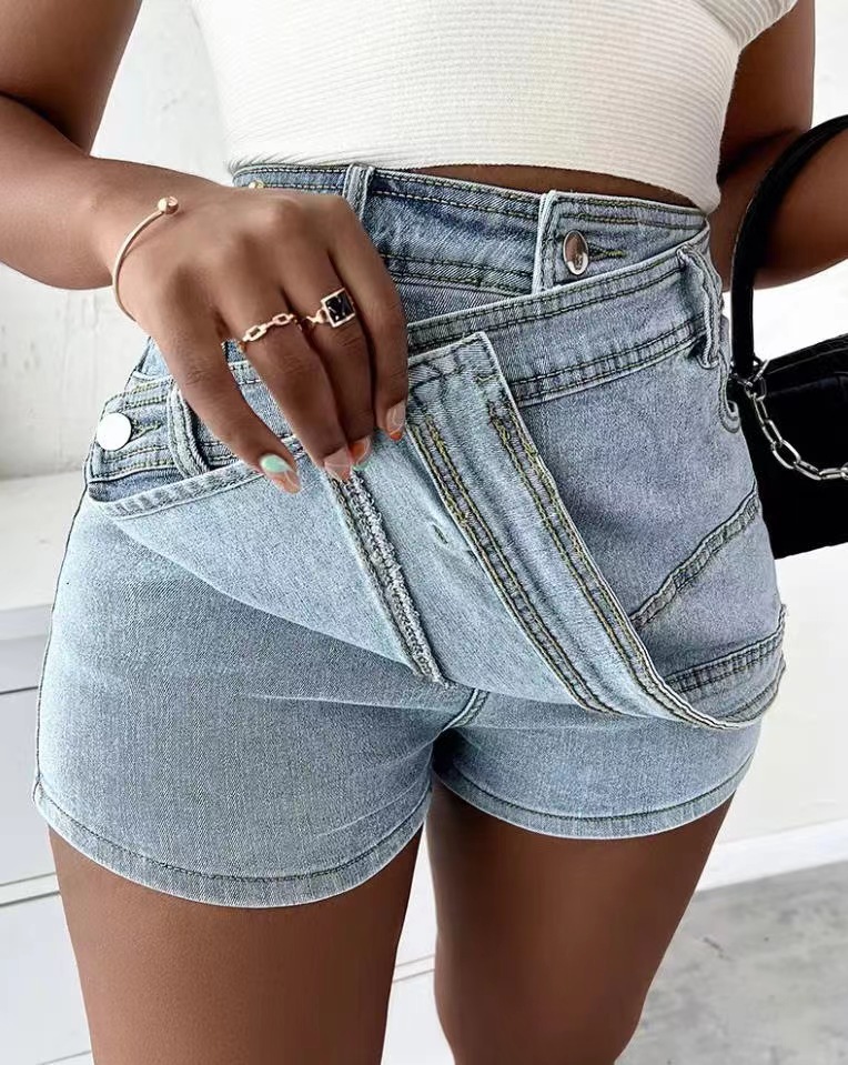 Women Fashion Denim Mini Skort Rave Street Wrap Stretch Irregular A-Line Skinny Cargo Jean Shorts Mujer