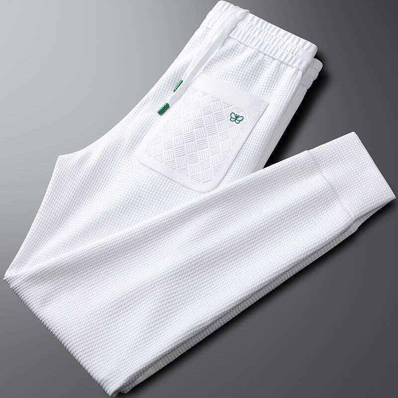 Men's Waffle Knit Geometric Embroidery Jogger Pants Spring Autumn Casual Slim Fit Cuffed Drawstring Soft Breathable Versatile Sports Trousers For
