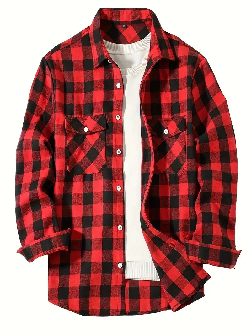 Spring and Autumn Fashion Long Sleeve Mens Shirt Brushed Red Plaid Business Leisure Fit Flannel No iron 260413