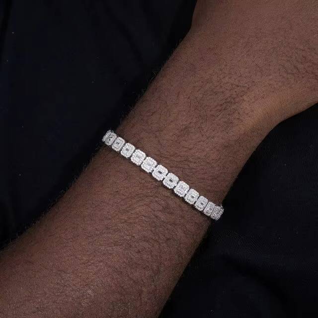 Moissanite Tennis Bracelet Round Brilliant Cut Gold Plated Silver Hip Hop Style Unisex Wedding Jewelry