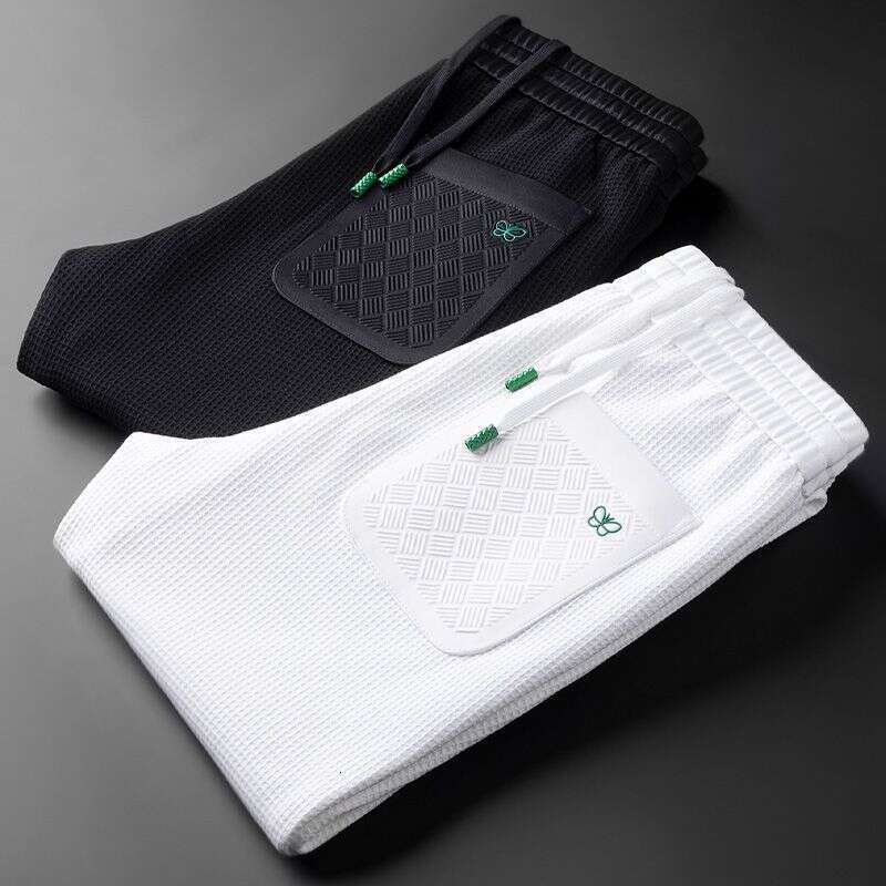 Men's Waffle Knit Geometric Embroidery Jogger Pants Spring Autumn Casual Slim Fit Cuffed Drawstring Soft Breathable Versatile Sports Trousers For