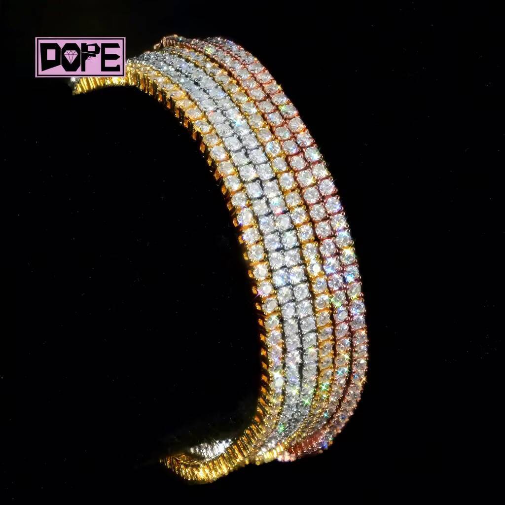 Wholesale 3mm Moissanite Bracelet 3 Color 18k Gold Plated VVS Iced Out 925 Silver Moissanite Tennis Bracelet