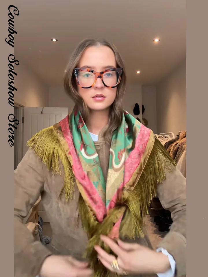 Vintage Printed Tassel Patchwork Square Scarf Women Green Fashion Casual High Street Spring Shawl 2026 260413