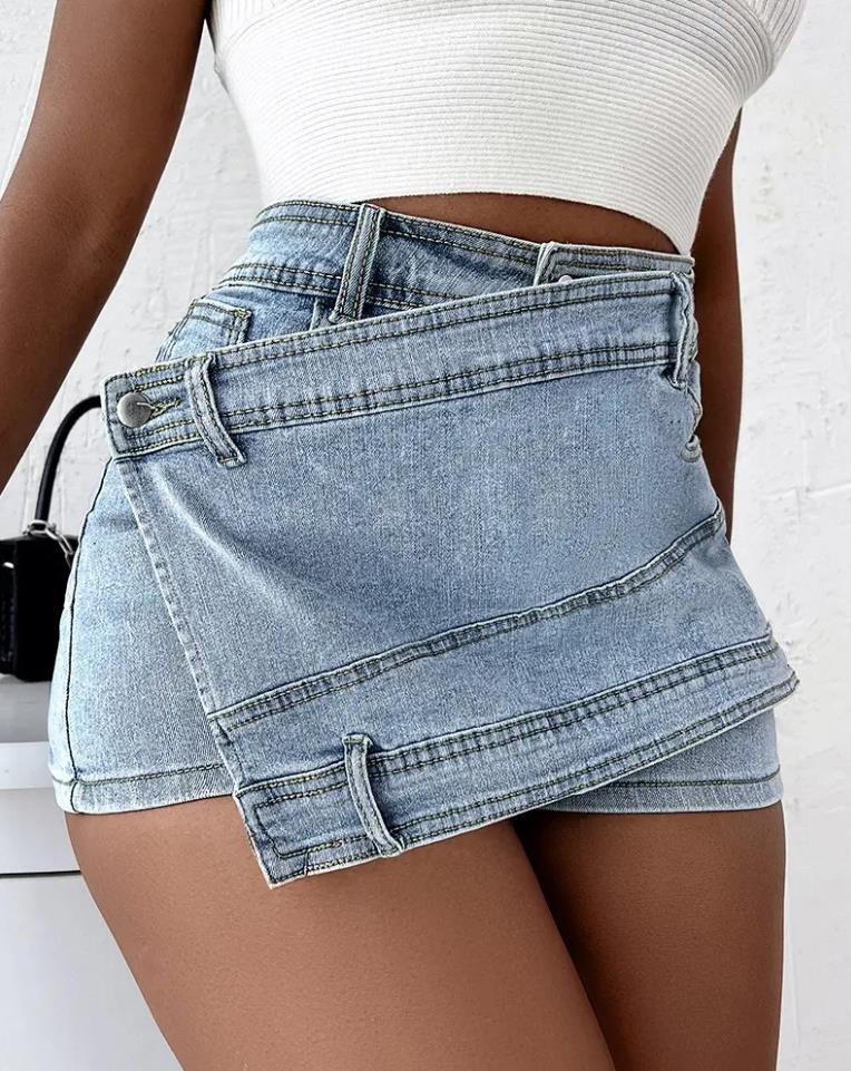 Women Fashion Denim Mini Skort Rave Street Wrap Stretch Irregular A-Line Skinny Cargo Jean Shorts Mujer