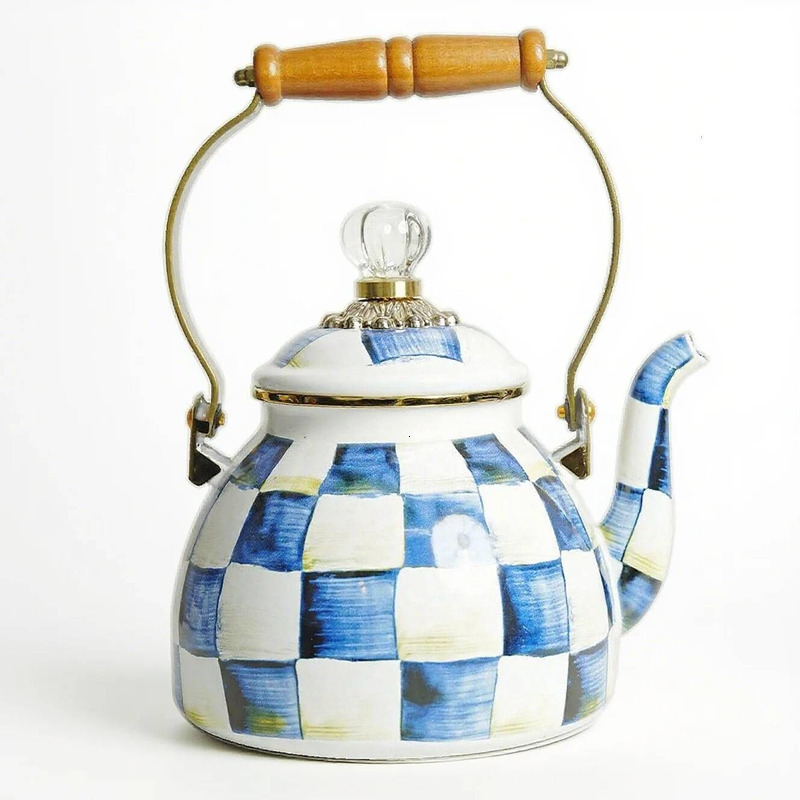 Classic Black White Checkered Enamel Kettle Wooden Handle Diamond Lid 2.5L Large Capacity Tilted Spout All Season