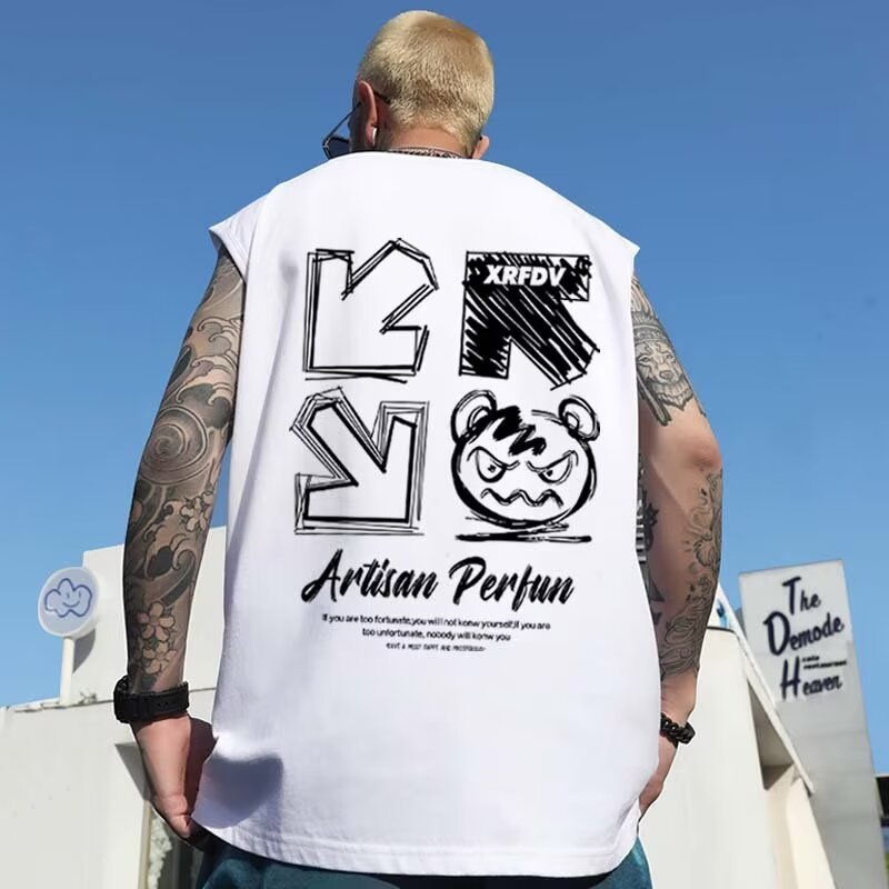 2026 Summer Men's Trendy Bear Print Tank Tops | Hong Kong Style Oversized Big & Tall Loose Couples Athletic Sleeveless Tees