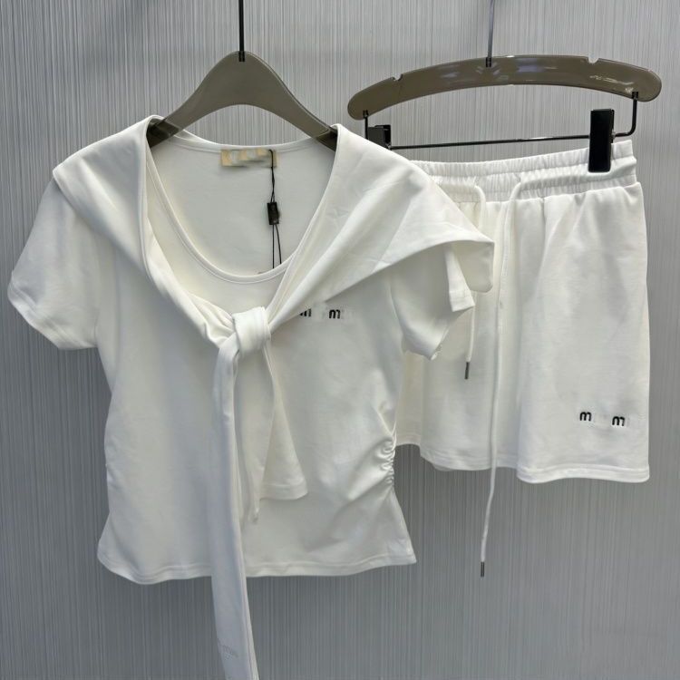Women logo letter embroidery with shawl decorated short sleeve cotton designer top and skirt set 2 pcs dress suit SML