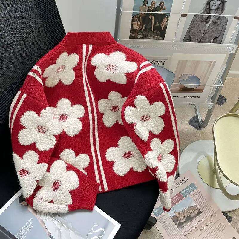 Flocked Flower New Red Knitted Cardigan Women Designer High-End Chic V-Neck Coat Sweater Mujer Casual Outerwear MAKOUFEI