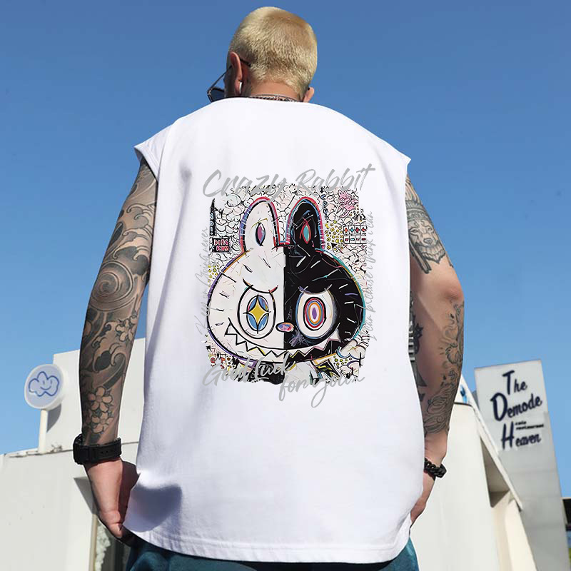 2026 Summer Men's Hong Kong Style Printed Tank Tops | Trendy Oversized Crew Neck Athletic Sleeveless Tees for Students