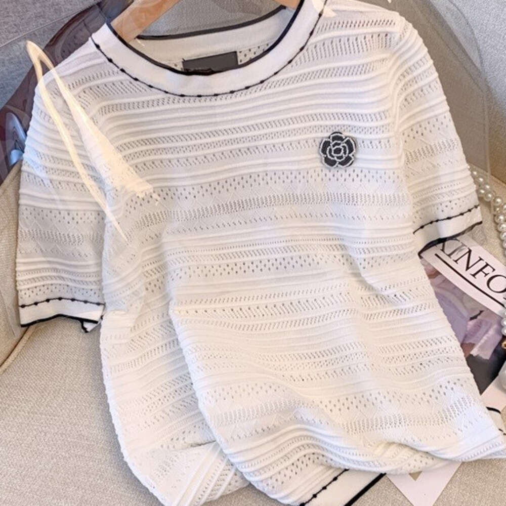 New Style Three Dimensional Floral Knit Short Sleeve T Shirt Women Summer Thin Design Ice Silk Top For Plus Size Ladies