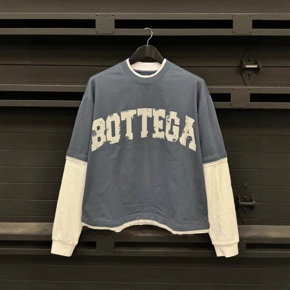 Men's T-Shirts Street Y2K Fashion Letter Printed Cotton Round Neck Double Layer Long Sleeve T-shirt Men Trendy Brand Casual Loose Oversized Top W