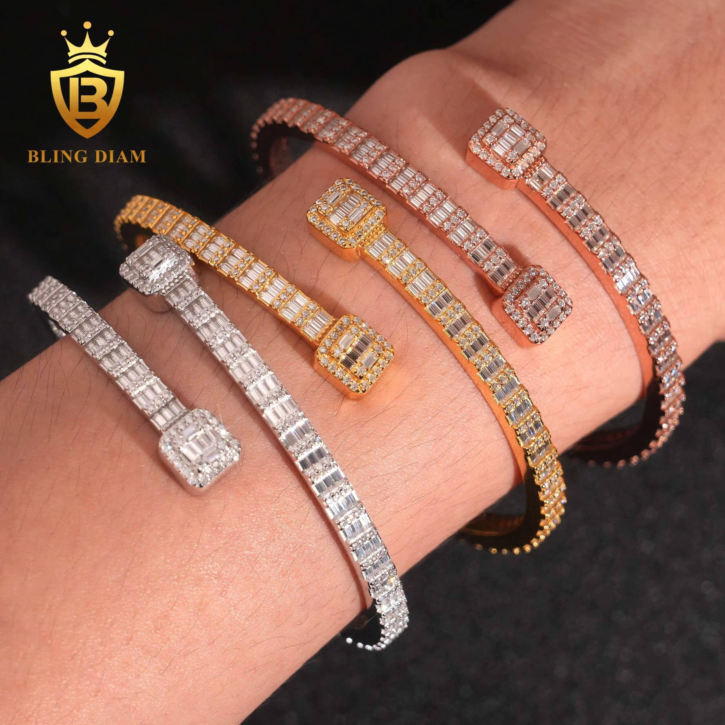 Pass Diamond Tester Fine Jewelry Square S925 Silver Gold Plated VVS Baguette Moissanite Diamond Bangle Bracelet Men Women