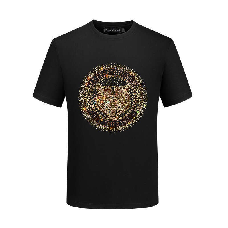 2026 New Rhinestone Tiger Head Men's T-Shirt Summer Trendy Brand Plus Size Casual Short Sleeve For Dad