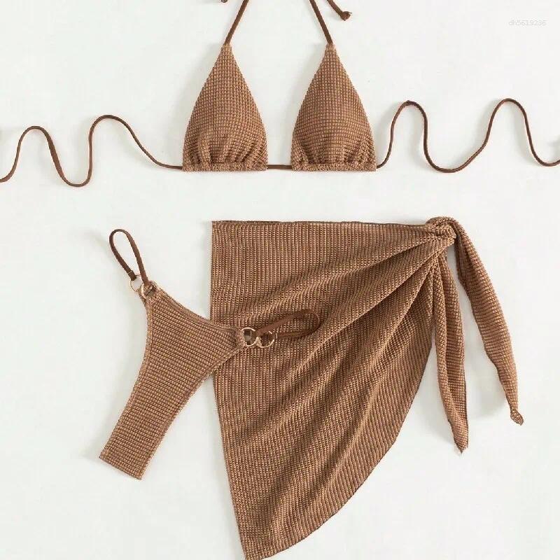 Women's Swimwear Sexy Brown Bikini Set Women Halter Push Up Bra Skirt 3 Piece Swimsuit Summer Bathing Suit Cover Thong Biquini