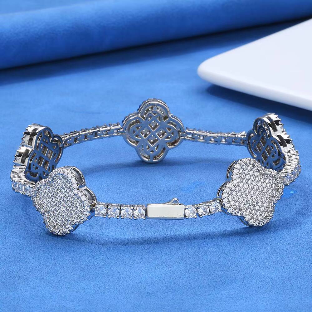 NUOYA Hip Hop Fine Jewelry 925 Sterling Silver Four-Leaf Clover White Gold VVS Moissanite Tennis Chain Bracelet for Women Gift