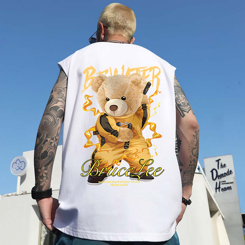 Summer Men's American Streetwear Cartoon Bear Print Cotton Tank Tops | Trendy INS Loose Sleeveless Tees