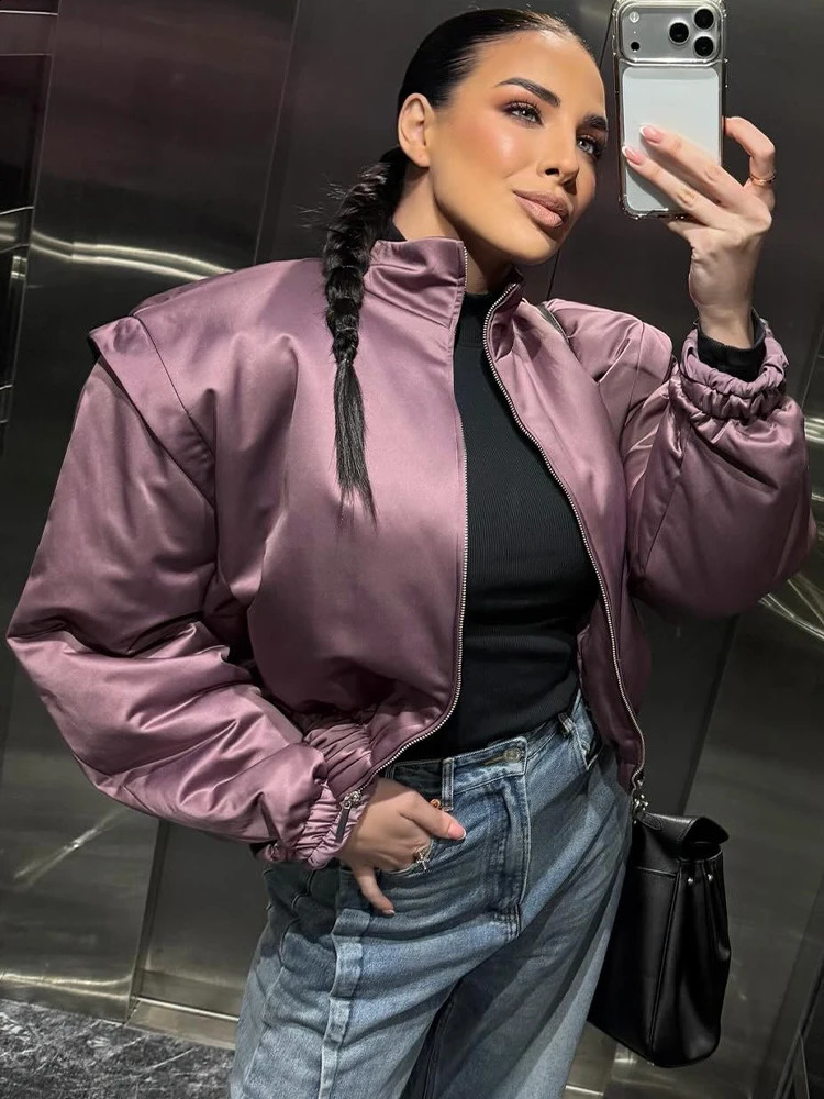 SLTNX Fashion Satin Bomber Jacket Women Mauve Puff Sleeve Cropped Zip Up Casual Outerwear 2026 Spring Lady Chic Street Coats 260414