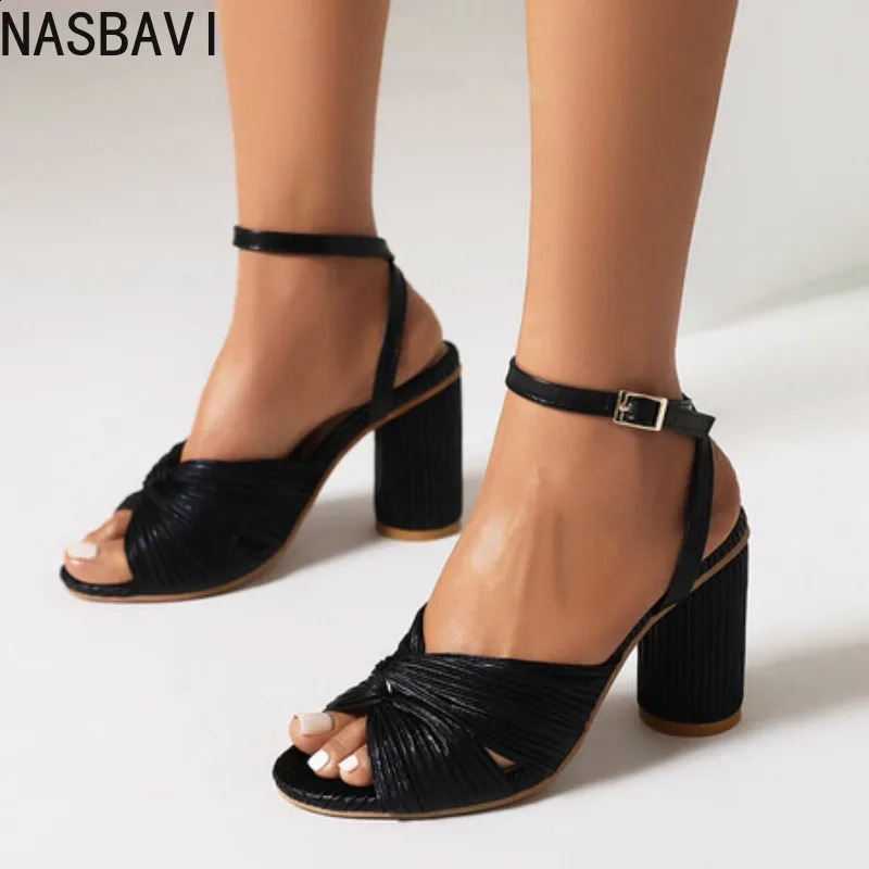 NASBAVI Straps Womens Sandals Summer Shoes y Peep Toe Flip Flops Round High Heels Gold Party Dance Wedding Ladies 260414