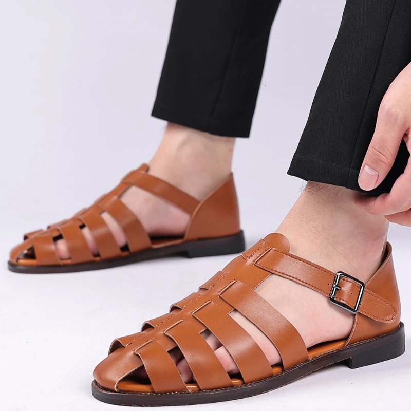 Summer Mens Sandals High Quality Leather Roman Shoes Men Casual Beach Shoes y Hollow Out sandalias Male Big Size 38-48 260413