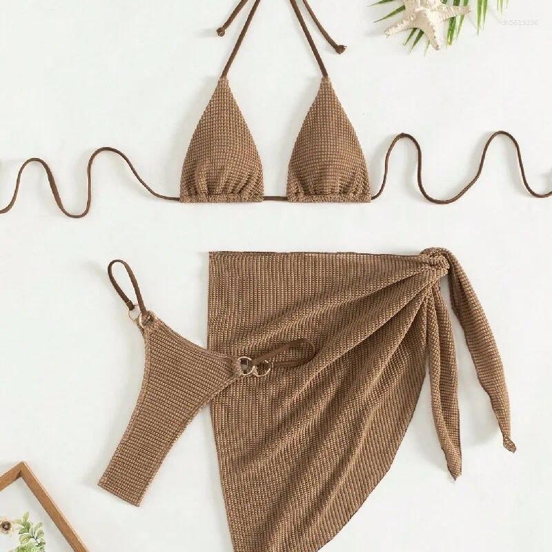 Women's Swimwear Sexy Brown Bikini Set Women Halter Push Up Bra Skirt 3 Piece Swimsuit Summer Bathing Suit Cover Thong Biquini