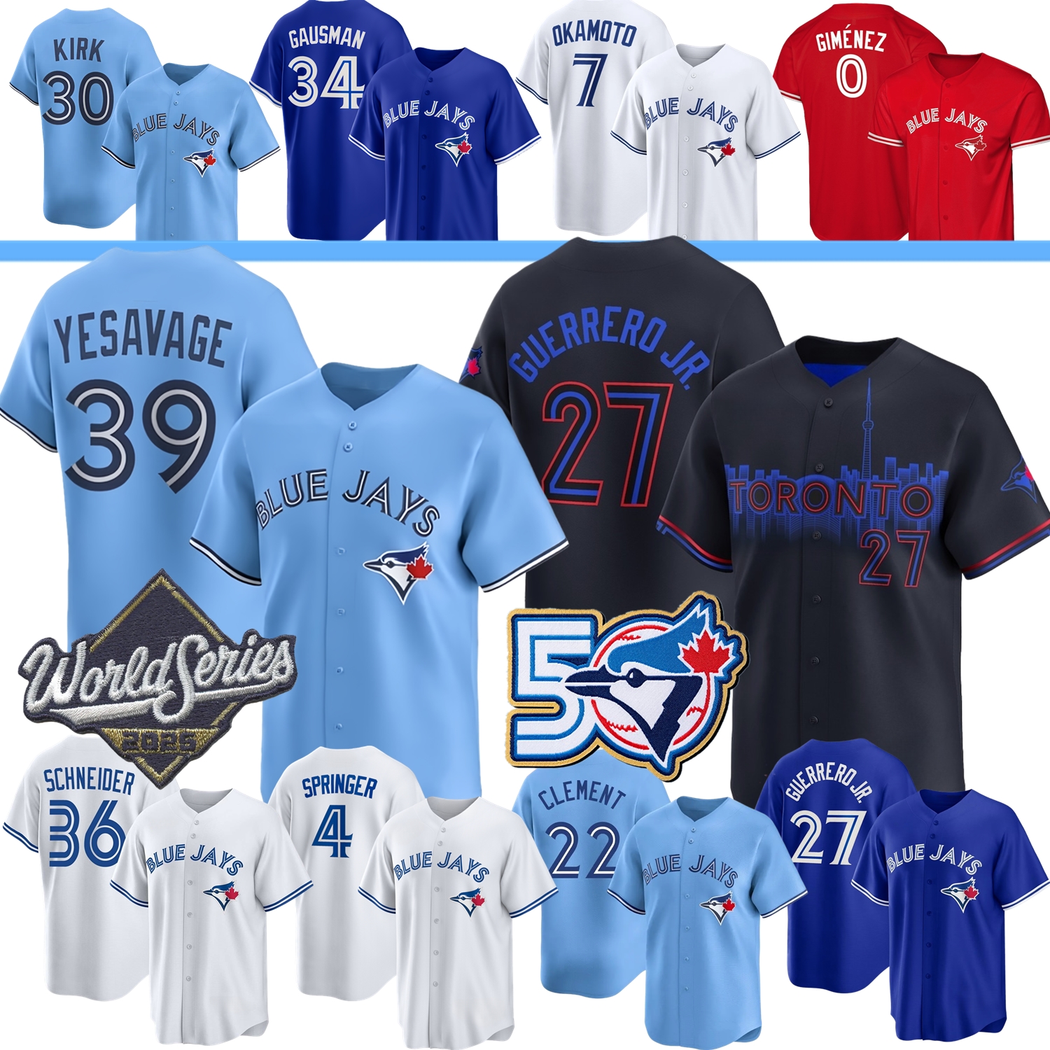 Torontos Jersey Vladimir Guerrero Jr. Blue Jays Trey Yesavage Davis Schneider Ernie Clement Alejandro Kirk Kazuma Okamoto Springer Gausman Addison Barger Cease WS