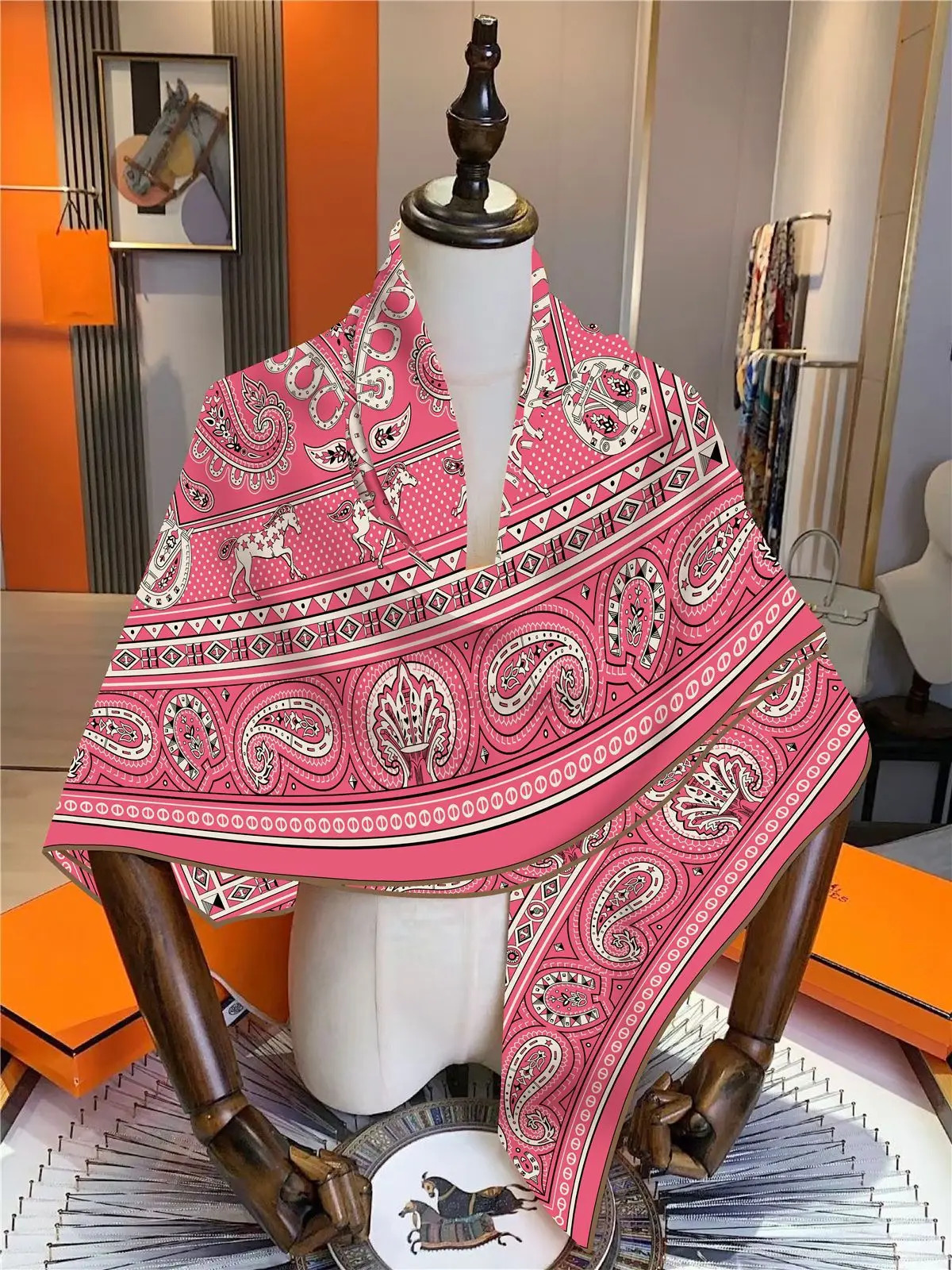 135CM Pink/Red Silk Cashmere Blend Square Scarf, Paisley Floral Pattern, Hand Rolled Edges, Large Cashmere Shawl 260413