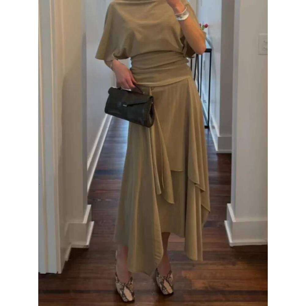 Elegant Irregular Hem Skirt Set Women Half Sleeve High Collar Slim Top Loose Long Skirts Spring Casual Chic Lady Outfits MAKOUFEI