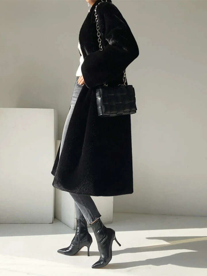 Lautaro Winter Long Black Luxury Elegant Stylish Thick Warm Fluffy Hairy Soft Faux Mink Fur Coat Women Stand Collar Sashes MAKOUFEI