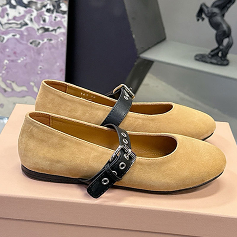 Designer Womens Suede Ballerinas Round Head Women Flat Shoes Luxury Miss Single Shoes Upper with Strap TPU sole Leather covered insole Woman Mary Jane shoes