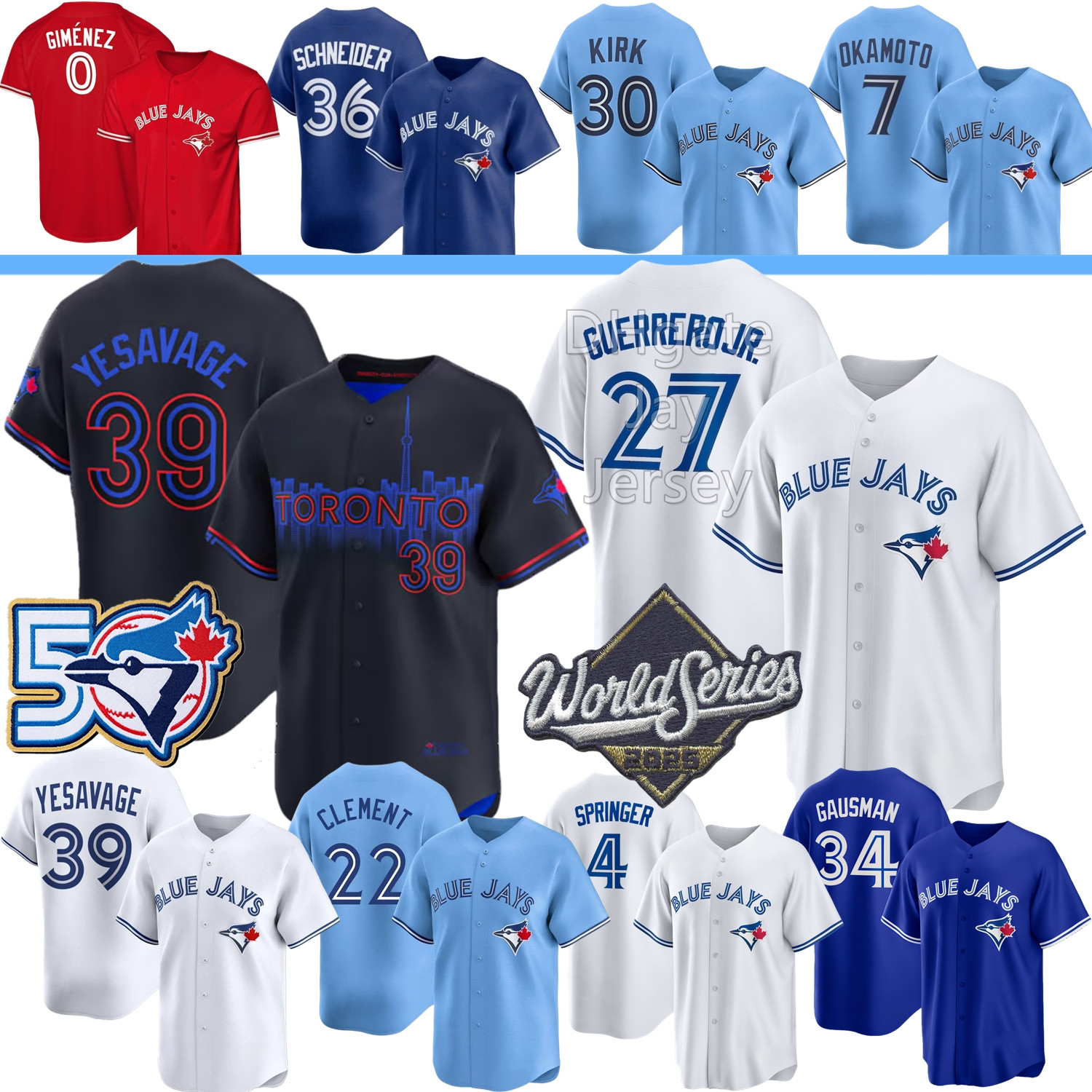 Blue Jays Jersey Vladimir Guerrero Jr. Trey Yesavage Davis Schneider Ernie Clement Alejandro Kirk Kazuma Okamoto Springer Gausman Barger Bieber Gimenez Carter 50th