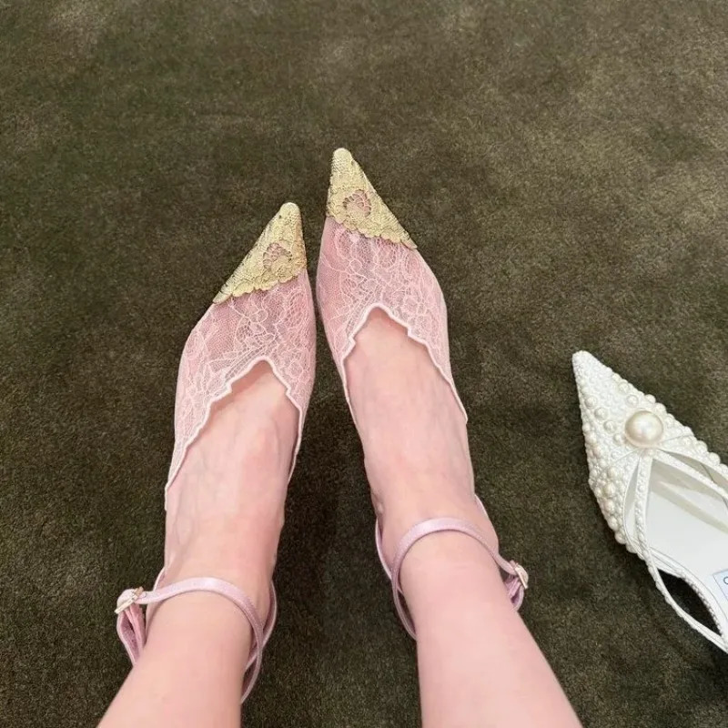 Pointed Fine Heel High Heels Summer Lace Mesh Breathable Womens Sandals 260413