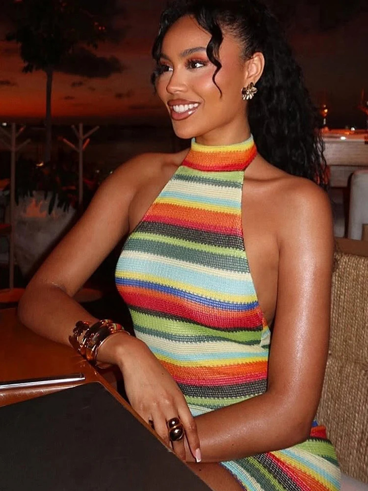 Kliou Stripe Patchwork Mini Dress Woman Bandage Halter Off Shoulder Backless Skinny Peach Hip Girls Street Fashion Bodycon 260413