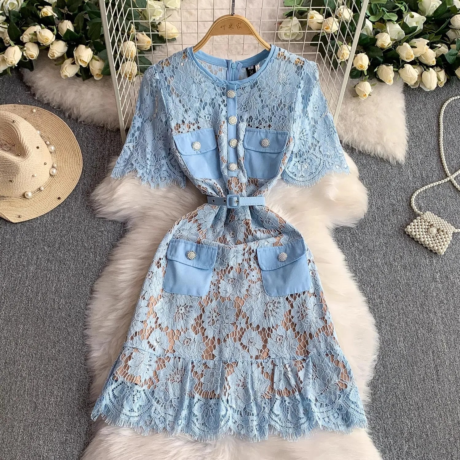 Casual Dresses Summer Quality Summer Embroidery Fishtail Short Evening Prom Dress Women Beaded Button Ruffles Belt Mini Party Flower Dresses Brand 202
