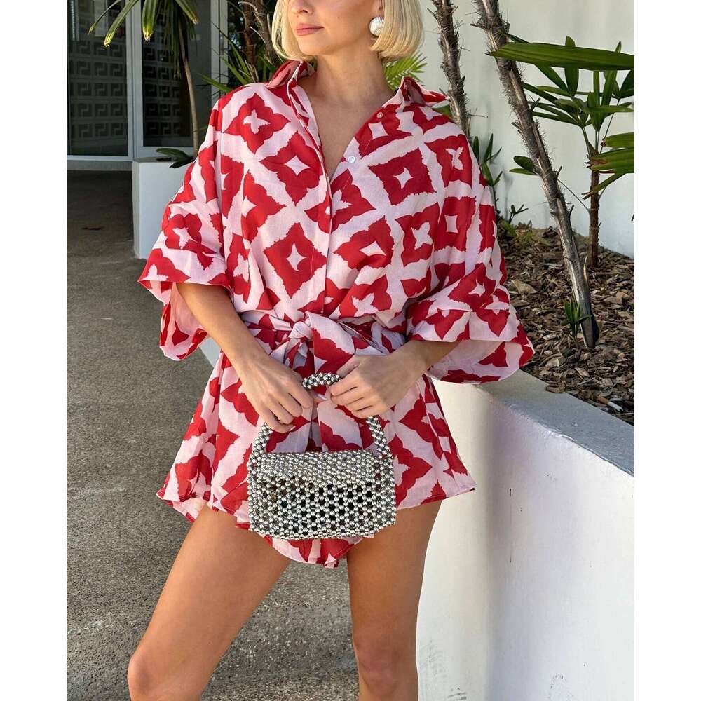New Autumn Women casual Strap Jumpsuit Red Print Bow Tie Turndown Collar Loose Bodysuit Sexy Outfits Streetwear MAKOUFEI