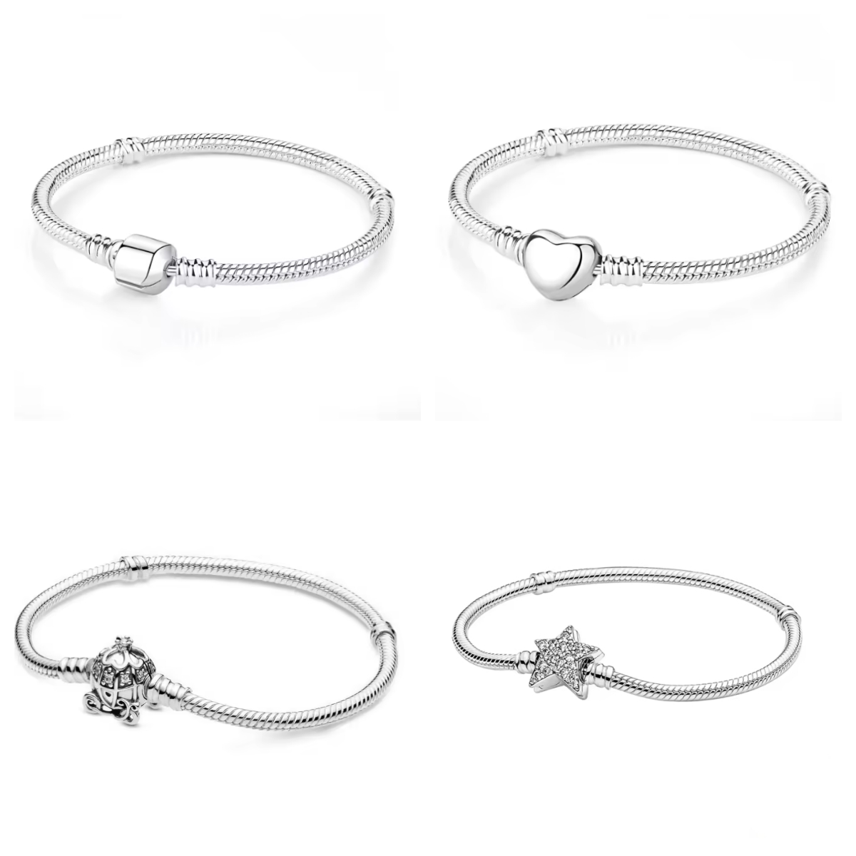 New 925 Sterling Silver Snake Chain Bracelet with Sparking Heart Clasp Bangle Fit charms beads DIY bracelets For Gifts