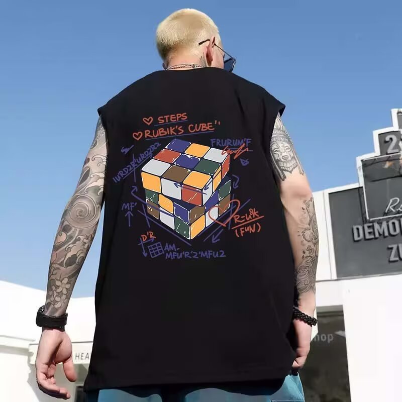 Summer Men's American Streetwear Rubik's Cube Print Tank Tops | Trendy Loose Crew Neck Casual Athletic Sleeveless Tees