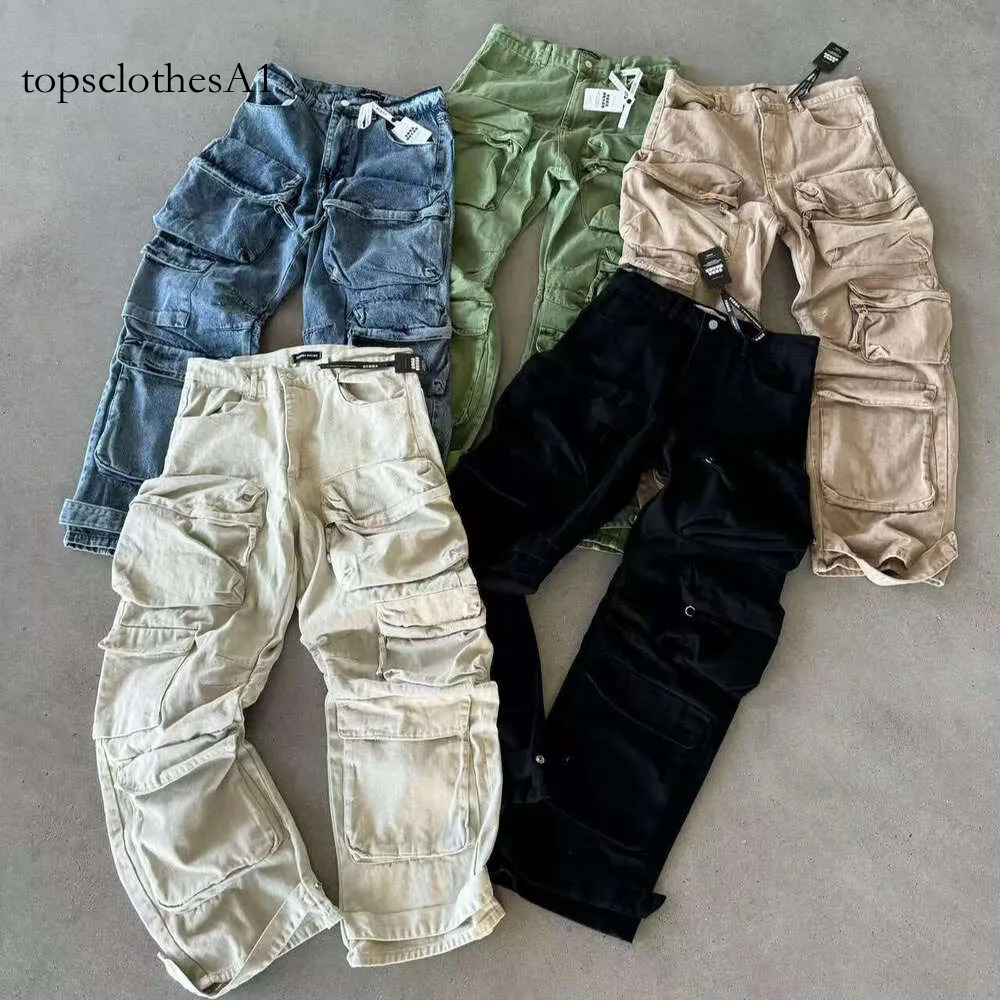 American Style Multi-Pocket Washed Functional Cargo Button Loose Casual Long Pants Men y2k
