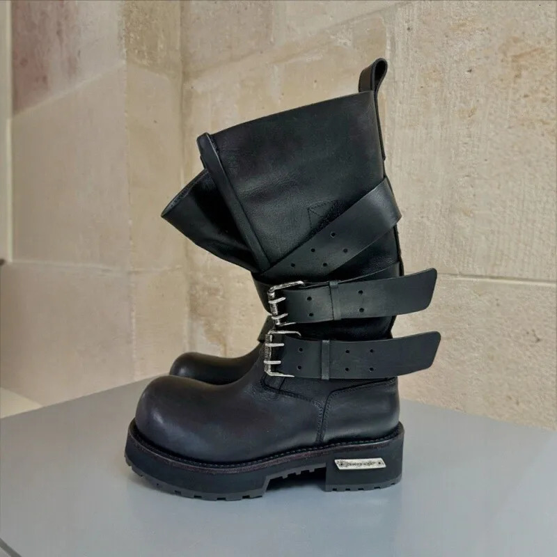 Modern Vintage Big Round Toe Height Increasing Boots Mens Belt Buckle Street Style Mid-Calf Boot Platform Motorcycle Boots 260413