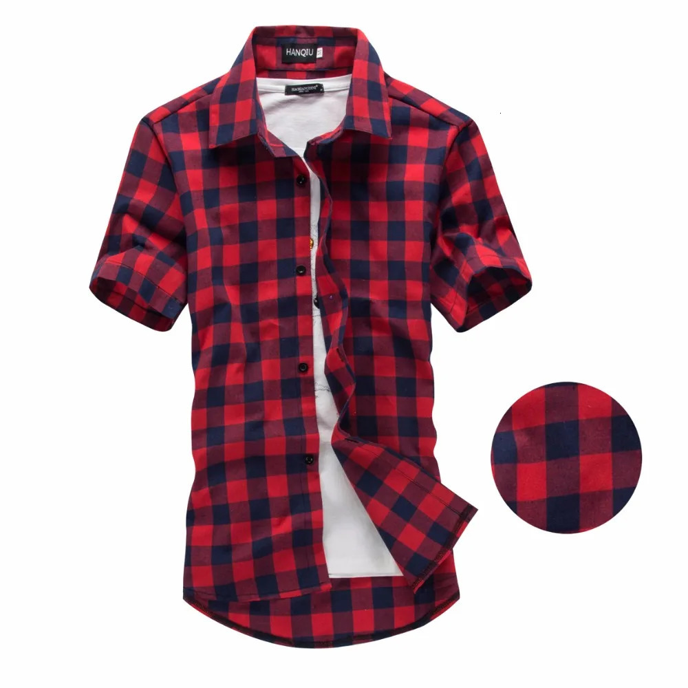 Mens Casual Plaid Flannel Shirt Short Sleeve Red Checkered Button Down Shirt for Daily Wear Streetwear 260413