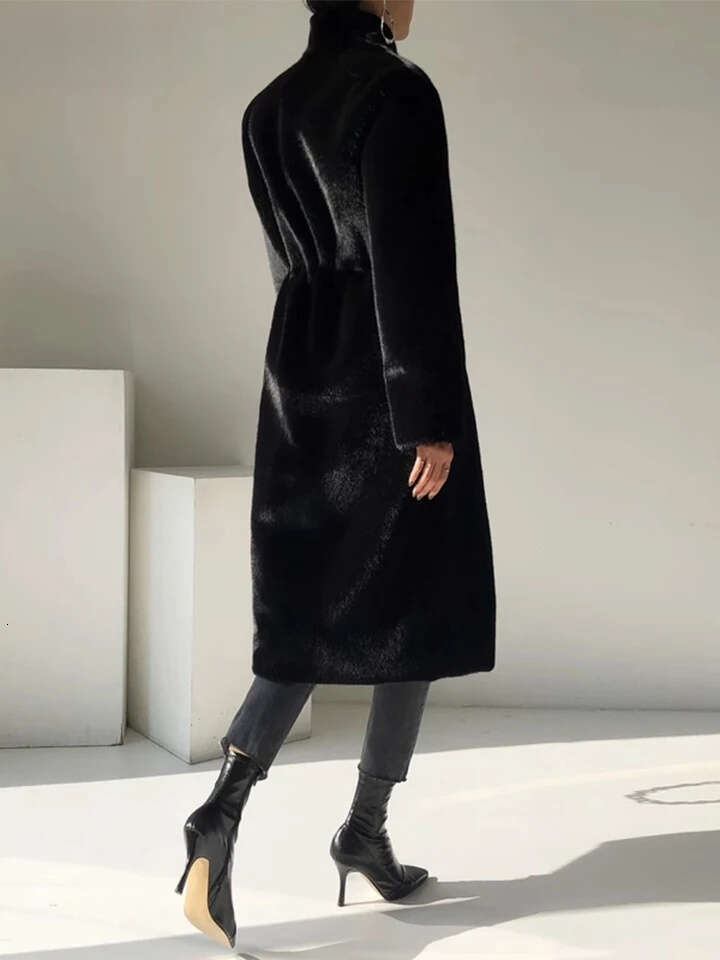 Lautaro Winter Long Black Luxury Elegant Stylish Thick Warm Fluffy Hairy Soft Faux Mink Fur Coat Women Stand Collar Sashes MAKOUFEI