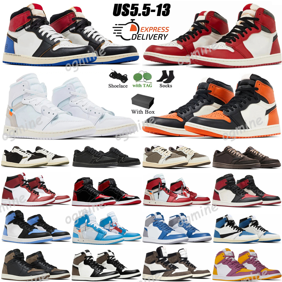 With box Designer Basketball Shoes 1s Sneakers for Men Women 1 High Lost Found Black Phantom Shattered Backboard UNC Red Bred Toe Trainers Sneakers Us5.5-13