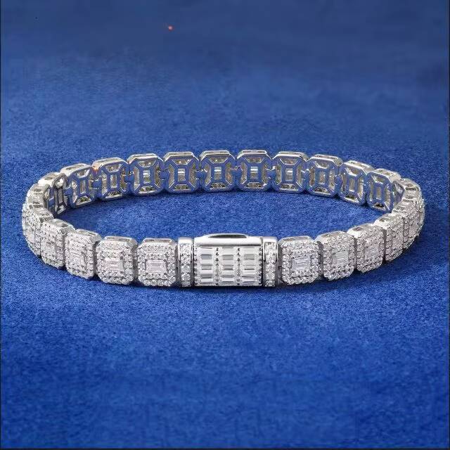 Moissanite Tennis Bracelet Round Brilliant Cut Gold Plated Silver Hip Hop Style Unisex Wedding Jewelry
