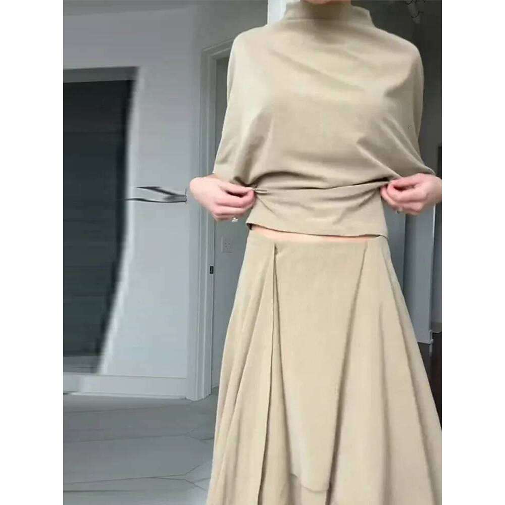 Elegant Irregular Hem Skirt Set Women Half Sleeve High Collar Slim Top Loose Long Skirts Spring Casual Chic Lady Outfits MAKOUFEI