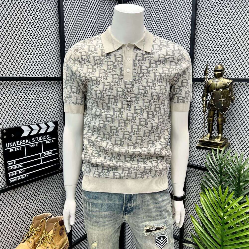 Old Money Style Summer Knitted Jacquard Polo Shirt For Men, Turn-Down Collar, Short Sleeve, Plus Size, Slim Fit, Business Sweater, Half-Sleeve Top