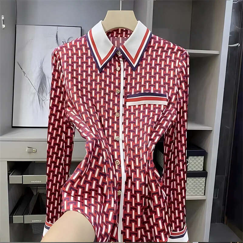 FANIECES S XL Ropa De Mujer Female Red Plaid Printed Blusas Shirt Button Casual Polo Neck Blouse Spring Autumn Women s Clothing MAKOUFEI