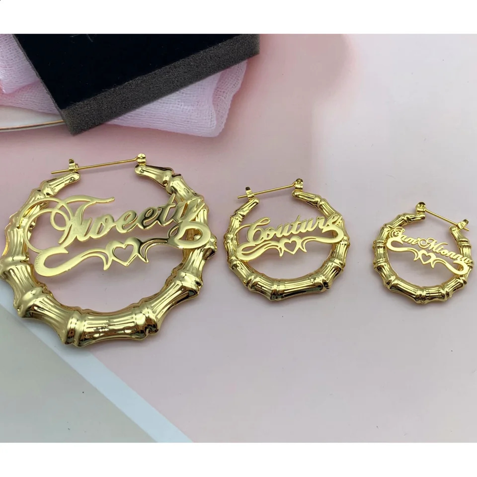 Bohemian Gold Bamboo Hoop Earrings, Personalized Name Engraving Custom Hoops for Beach Wear